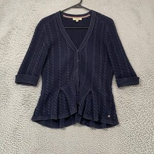 Burberry London Cardigan Sweater Womens M Navy Cable Knit Zip Peplum Y2K Preppy